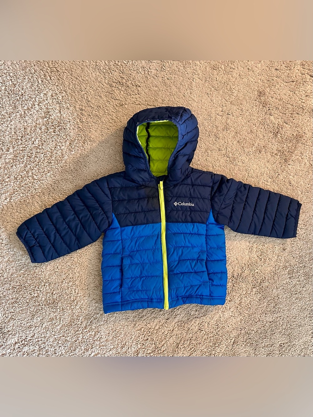 Columbia Navy and Lime Green Boys' Hooded Puffer Jacket